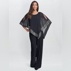 Gina Bacconi
Eve Asymmetrical Foil Trim Cape Jumpsuit, Silver, Black.          D